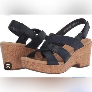 Clarks Women’s Giselle Beach Black Strappy Cork Wedge Sandals- Size‎ 11